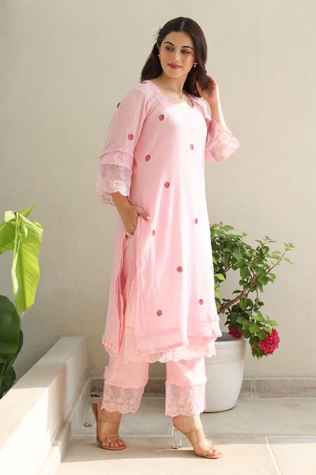ASRUMO Pink , Satin, Kota Doria Lace, Embroidery Bloom And Kurta Pant Set Online at Aza Fashions ASRUMO_Pink , Satin, Kota Doria Lace, Embroidery Bloom And Kurta Pant Set _Online_at_Aza_Fashions
