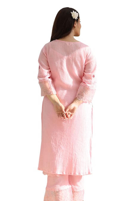Buy ASRUMO Pink , Satin, Kota Doria Lace, Embroidery Bloom And Kurta Pant Set Online at Aza Fashions Buy_ASRUMO_Pink , Satin, Kota Doria Lace, Embroidery Bloom And Kurta Pant Set _Online_at_Aza_Fashions