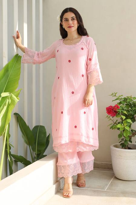 Shop ASRUMO Pink , Satin, Kota Doria Lace, Embroidery Bloom And Kurta Pant Set Online at Aza Fashions Shop_ASRUMO_Pink , Satin, Kota Doria Lace, Embroidery Bloom And Kurta Pant Set _Online_at_Aza_Fashions
