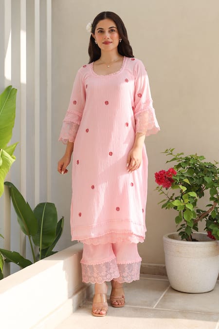 ASRUMO Pink , Satin, Kota Doria Lace, Embroidery Bloom And Kurta Pant Set at Aza Fashions ASRUMO_Pink , Satin, Kota Doria Lace, Embroidery Bloom And Kurta Pant Set _at_Aza_Fashions