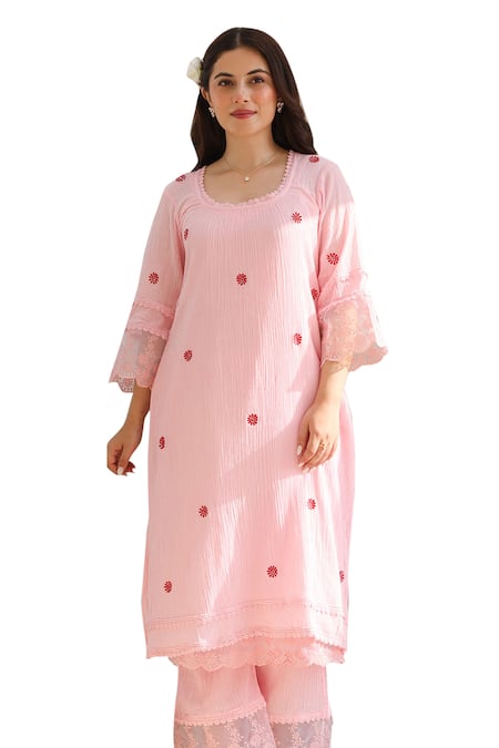 Buy ASRUMO Pink , Satin, Kota Doria Lace, Embroidery Bloom And Kurta Pant Set Buy_ASRUMO_Pink , Satin, Kota Doria Lace, Embroidery Bloom And Kurta Pant Set