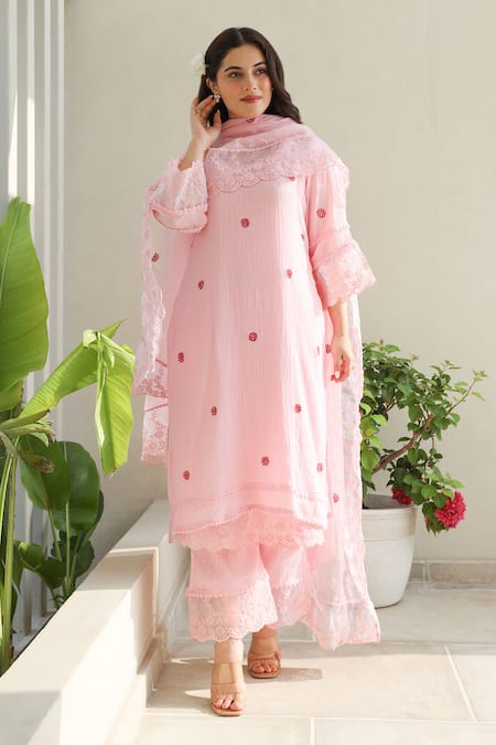 Shop ASRUMO Pink , Satin, Kota Doria Lace, Embroidery Bloom And Kurta Pant Set Shop_ASRUMO_Pink , Satin, Kota Doria Lace, Embroidery Bloom And Kurta Pant Set