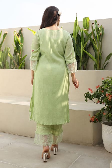 Shop ASRUMO Green , Satin, Kota Doria Lace, Blossom And Kurta Pant Set at Aza Fashions Shop_ASRUMO_Green , Satin, Kota Doria Lace, Blossom And Kurta Pant Set _at_Aza_Fashions