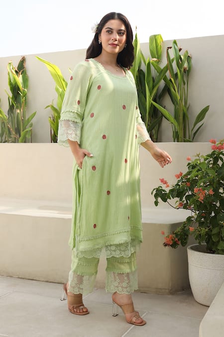 Shop ASRUMO Green , Satin, Kota Doria Lace, Blossom And Kurta Pant Set Online at Aza Fashions Shop_ASRUMO_Green , Satin, Kota Doria Lace, Blossom And Kurta Pant Set _Online_at_Aza_Fashions