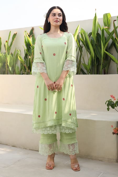 Buy ASRUMO Green , Satin, Kota Doria Lace, Blossom And Kurta Pant Set Buy_ASRUMO_Green , Satin, Kota Doria Lace, Blossom And Kurta Pant Set