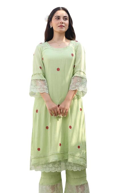 Shop ASRUMO Green , Satin, Kota Doria Lace, Blossom And Kurta Pant Set Shop_ASRUMO_Green , Satin, Kota Doria Lace, Blossom And Kurta Pant Set