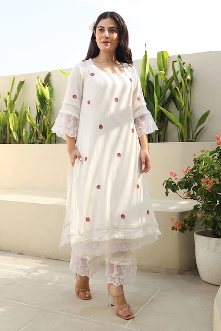Shop_ASRUMO_White Cotton, Kota Doria Lace, Embroidery Round Neck Flora And Kurta Pant Set _Online_at_Aza_Fashions