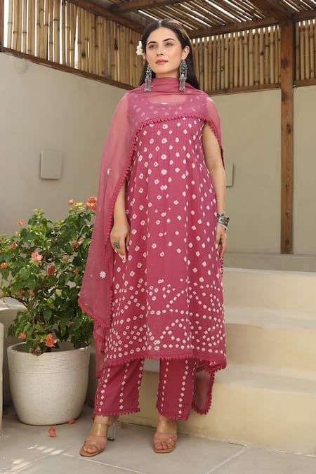 ASRUMO Pink , Satin, Kota Doria Lace, Tie Dye Bandhani Kurta Pant Set Online at Aza Fashions ASRUMO_Pink , Satin, Kota Doria Lace, Tie Dye Bandhani Kurta Pant Set _Online_at_Aza_Fashions
