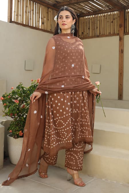 ASRUMO_Brown , Satin, Kota Doria Lace, Tie Dye Bandhej Kurta Pant Set_Online_at_Aza_Fashions