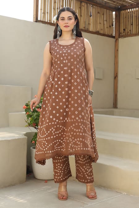 ASRUMO_Brown , Satin, Kota Doria Lace, Tie Dye Bandhej Kurta Pant Set_at_Aza_Fashions