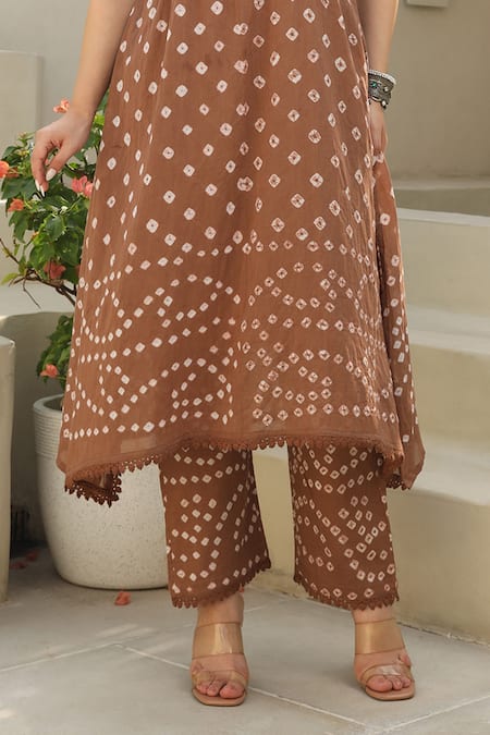 Buy_ASRUMO_Brown , Satin, Kota Doria Lace, Tie Dye Bandhej Kurta Pant Set