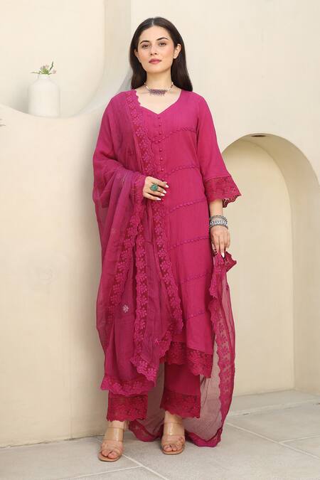 ASRUMO_Pink , Satin, Kota Doria Lace, Rosalia Embellished Kurta Pant Set _Online_at_Aza_Fashions