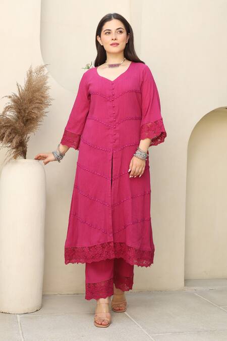 Buy_ASRUMO_Pink , Satin, Kota Doria Lace, Rosalia Embellished Kurta Pant Set _Online_at_Aza_Fashions