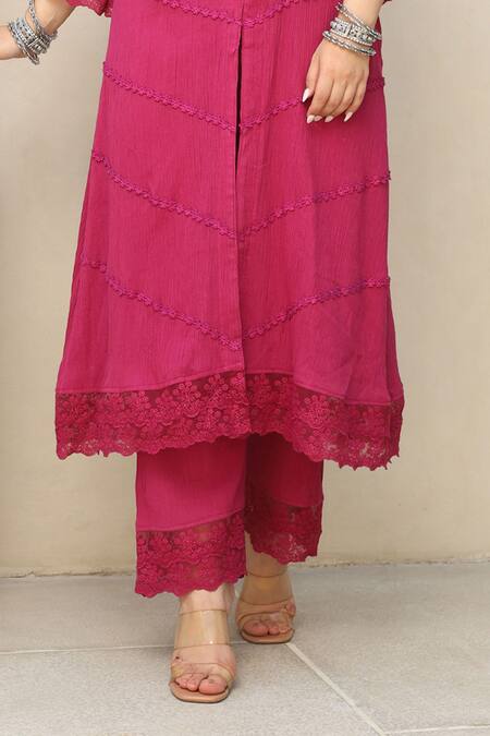 Shop_ASRUMO_Pink , Satin, Kota Doria Lace, Rosalia Embellished Kurta Pant Set _Online_at_Aza_Fashions