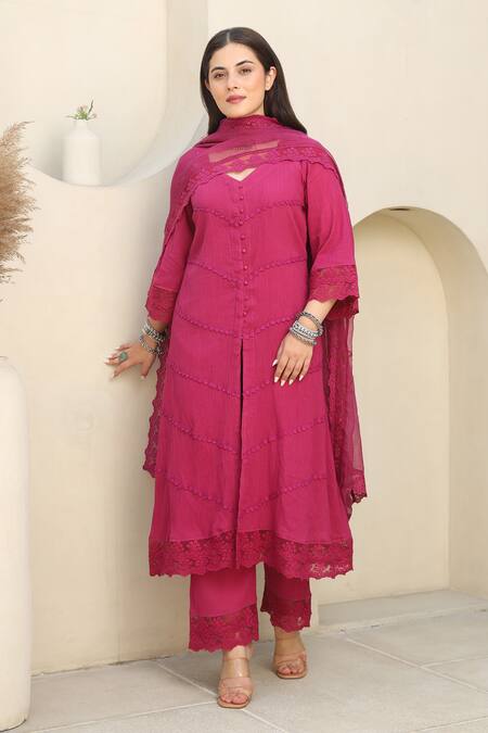Buy_ASRUMO_Pink , Satin, Kota Doria Lace, Rosalia Embellished Kurta Pant Set 