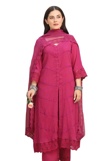 Shop_ASRUMO_Pink , Satin, Kota Doria Lace, Rosalia Embellished Kurta Pant Set 