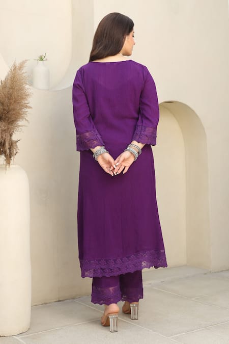 Shop ASRUMO Purple , Satin, Kota Doria Lace Flora Embellished Kurta Pant Set at Aza Fashions Shop_ASRUMO_Purple , Satin, Kota Doria Lace Flora Embellished Kurta Pant Set _at_Aza_Fashions