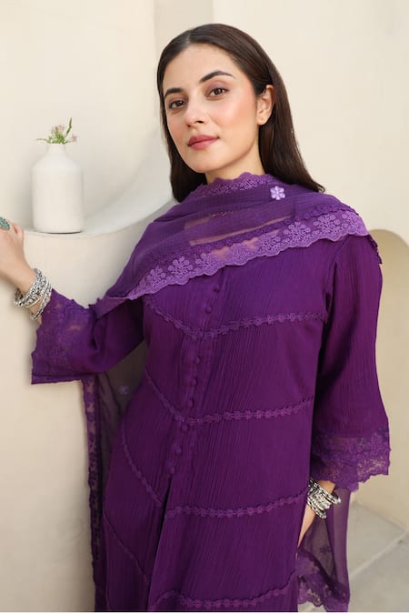 ASRUMO Purple , Satin, Kota Doria Lace Flora Embellished Kurta Pant Set Online at Aza Fashions ASRUMO_Purple , Satin, Kota Doria Lace Flora Embellished Kurta Pant Set _Online_at_Aza_Fashions