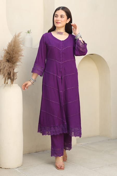 Shop ASRUMO Purple , Satin, Kota Doria Lace Flora Embellished Kurta Pant Set Online at Aza Fashions Shop_ASRUMO_Purple , Satin, Kota Doria Lace Flora Embellished Kurta Pant Set _Online_at_Aza_Fashions