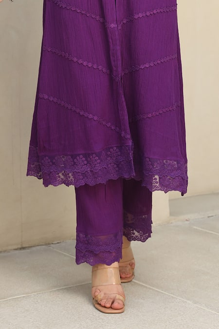 ASRUMO Purple , Satin, Kota Doria Lace Flora Embellished Kurta Pant Set at Aza Fashions ASRUMO_Purple , Satin, Kota Doria Lace Flora Embellished Kurta Pant Set _at_Aza_Fashions