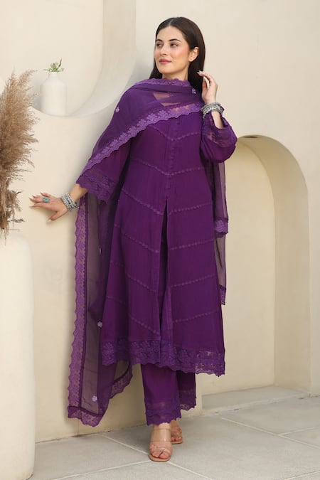 Buy ASRUMO Purple , Satin, Kota Doria Lace Flora Embellished Kurta Pant Set Buy_ASRUMO_Purple , Satin, Kota Doria Lace Flora Embellished Kurta Pant Set