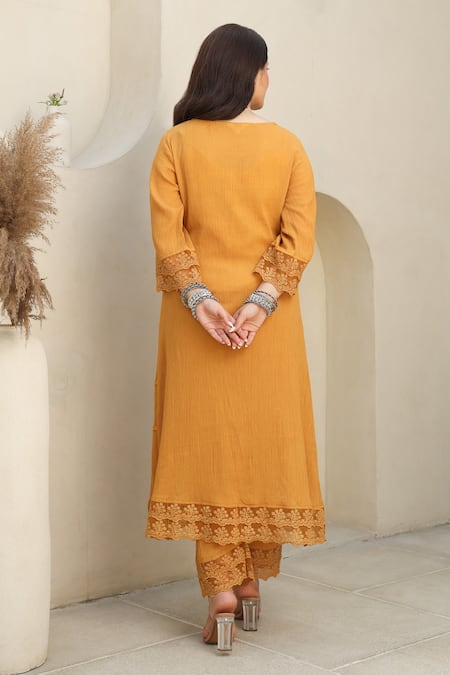 Shop ASRUMO Yellow , Satin, Kota Sunshine Bliss Embellished Kurta Pant Set at Aza Fashions Shop_ASRUMO_Yellow , Satin, Kota Sunshine Bliss Embellished Kurta Pant Set _at_Aza_Fashions