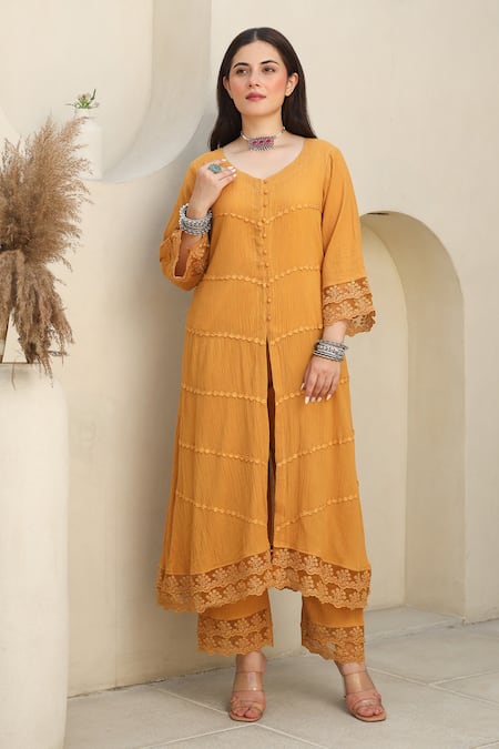 ASRUMO Yellow , Satin, Kota Sunshine Bliss Embellished Kurta Pant Set Online at Aza Fashions ASRUMO_Yellow , Satin, Kota Sunshine Bliss Embellished Kurta Pant Set _Online_at_Aza_Fashions