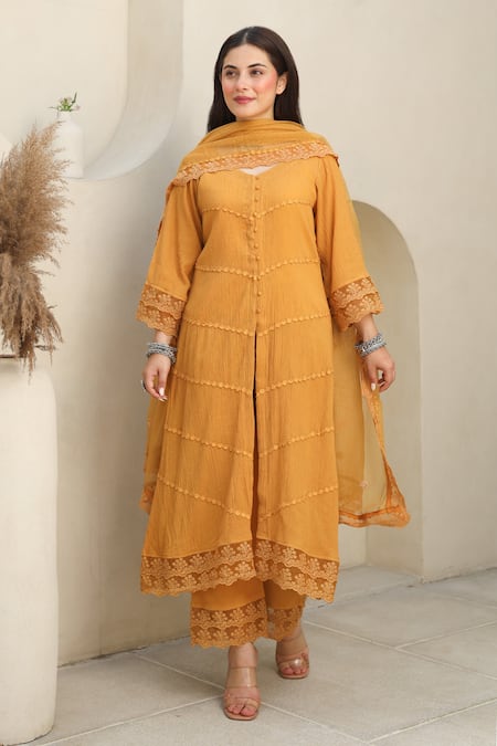 Shop ASRUMO Yellow , Satin, Kota Sunshine Bliss Embellished Kurta Pant Set Online at Aza Fashions Shop_ASRUMO_Yellow , Satin, Kota Sunshine Bliss Embellished Kurta Pant Set _Online_at_Aza_Fashions