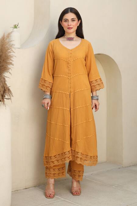 ASRUMO Yellow , Satin, Kota Sunshine Bliss Embellished Kurta Pant Set at Aza Fashions ASRUMO_Yellow , Satin, Kota Sunshine Bliss Embellished Kurta Pant Set _at_Aza_Fashions