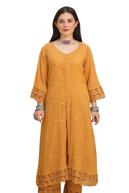 Buy ASRUMO Yellow , Satin, Kota Sunshine Bliss Embellished Kurta Pant Set Buy_ASRUMO_Yellow , Satin, Kota Sunshine Bliss Embellished Kurta Pant Set