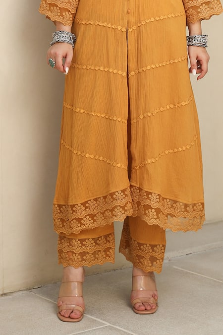 Shop ASRUMO Yellow , Satin, Kota Sunshine Bliss Embellished Kurta Pant Set Shop_ASRUMO_Yellow , Satin, Kota Sunshine Bliss Embellished Kurta Pant Set