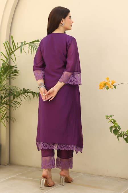 Shop ASRUMO Purple Chanderi Embroidery, Lace Collared Gardenia Embellished Kurta Pant Set at Aza Fashions Shop_ASRUMO_Purple Chanderi Embroidery, Lace Collared Gardenia Embellished Kurta Pant Set _at_Aza_Fashions