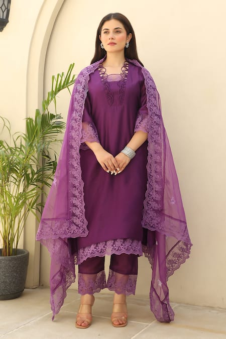 ASRUMO Purple Chanderi Embroidery, Lace Collared Gardenia Embellished Kurta Pant Set Online at Aza Fashions ASRUMO_Purple Chanderi Embroidery, Lace Collared Gardenia Embellished Kurta Pant Set _Online_at_Aza_Fashions