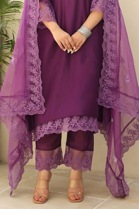 Buy ASRUMO Purple Chanderi Embroidery, Lace Collared Gardenia Embellished Kurta Pant Set Online at Aza Fashions Buy_ASRUMO_Purple Chanderi Embroidery, Lace Collared Gardenia Embellished Kurta Pant Set _Online_at_Aza_Fashions
