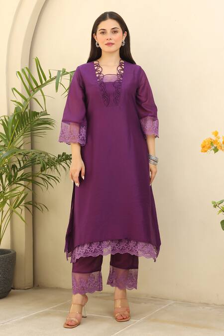 ASRUMO Purple Chanderi Embroidery, Lace Collared Gardenia Embellished Kurta Pant Set at Aza Fashions ASRUMO_Purple Chanderi Embroidery, Lace Collared Gardenia Embellished Kurta Pant Set _at_Aza_Fashions