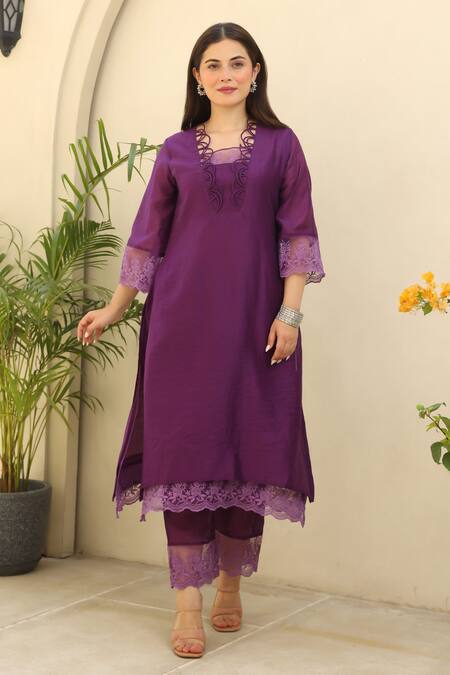 Buy ASRUMO Purple Chanderi Embroidery, Lace Collared Gardenia Embellished Kurta Pant Set Buy_ASRUMO_Purple Chanderi Embroidery, Lace Collared Gardenia Embellished Kurta Pant Set