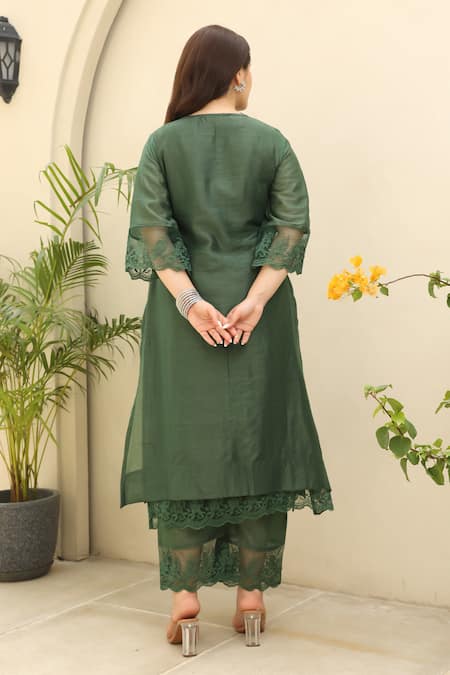 Shop ASRUMO Green Chanderi Lace Round Neck Gardenia Bloom Embellished Kurta Pant Set at Aza Fashions Shop_ASRUMO_Green Chanderi Lace Round Neck Gardenia Bloom Embellished Kurta Pant Set _at_Aza_Fashions