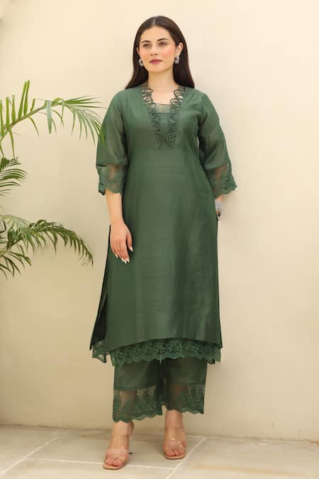 Buy ASRUMO Green Chanderi Lace Round Neck Gardenia Bloom Embellished Kurta Pant Set Online at Aza Fashions Buy_ASRUMO_Green Chanderi Lace Round Neck Gardenia Bloom Embellished Kurta Pant Set _Online_at_Aza_Fashions