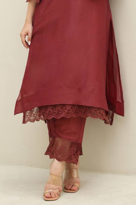 ASRUMO_Maroon Chanderi Lace Gardenia Blossom Embellished Kurta Pant Set _Online_at_Aza_Fashions