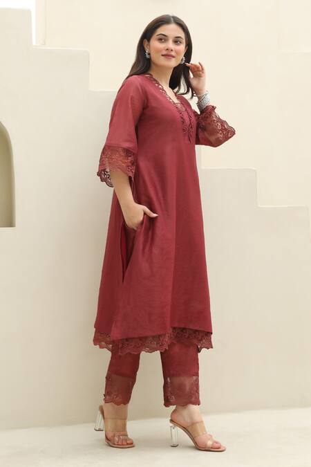 Shop_ASRUMO_Maroon Chanderi Lace Gardenia Blossom Embellished Kurta Pant Set _Online_at_Aza_Fashions