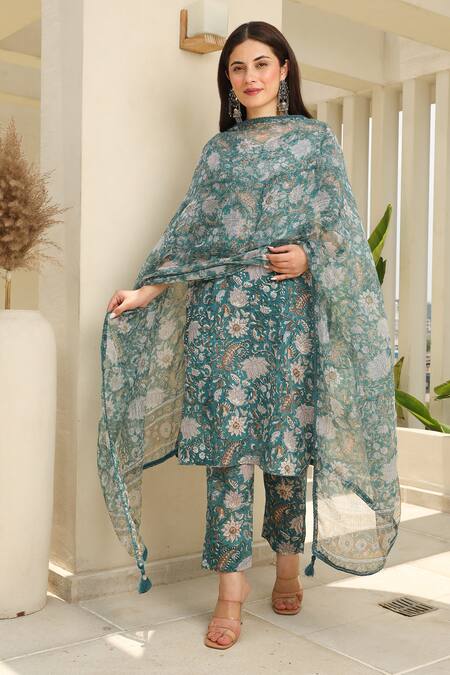 ASRUMO_Green Cotton, Kota Doria Embroidery Bahar Handblock Print Kurta Pant Set_Online_at_Aza_Fashions