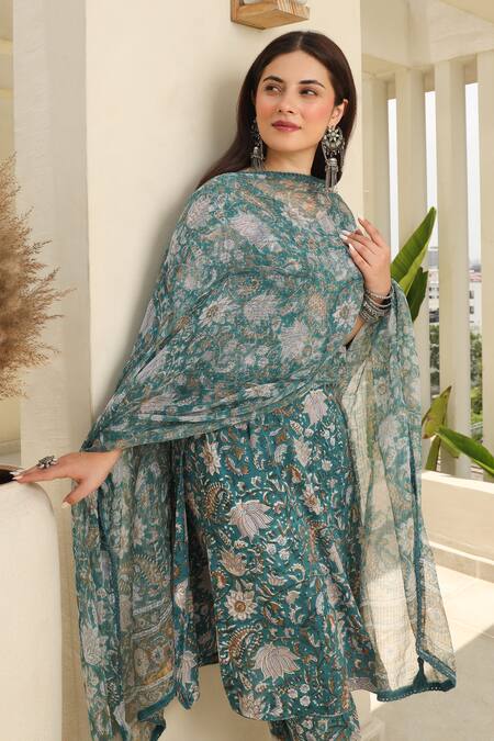 Buy_ASRUMO_Green Cotton, Kota Doria Embroidery Bahar Handblock Print Kurta Pant Set_Online_at_Aza_Fashions