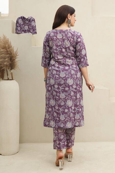 Shop ASRUMO Purple Cotton, Kota Doria Embroidery Gulbahar Handblock Print Kurta Pant Set at Aza Fashions Shop_ASRUMO_Purple Cotton, Kota Doria Embroidery Gulbahar Handblock Print Kurta Pant Set_at_Aza_Fashions