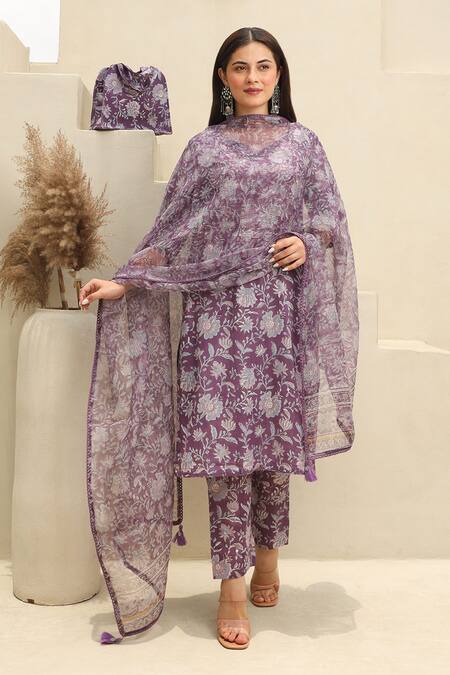 ASRUMO Purple Cotton, Kota Doria Embroidery Gulbahar Handblock Print Kurta Pant Set Online at Aza Fashions ASRUMO_Purple Cotton, Kota Doria Embroidery Gulbahar Handblock Print Kurta Pant Set_Online_at_Aza_Fashions