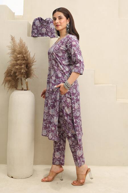 Buy ASRUMO Purple Cotton, Kota Doria Embroidery Gulbahar Handblock Print Kurta Pant Set Online at Aza Fashions Buy_ASRUMO_Purple Cotton, Kota Doria Embroidery Gulbahar Handblock Print Kurta Pant Set_Online_at_Aza_Fashions