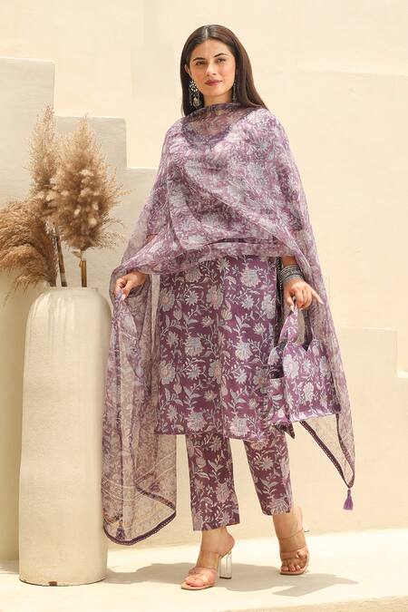 ASRUMO Purple Cotton, Kota Doria Embroidery Gulbahar Handblock Print Kurta Pant Set at Aza Fashions ASRUMO_Purple Cotton, Kota Doria Embroidery Gulbahar Handblock Print Kurta Pant Set_at_Aza_Fashions