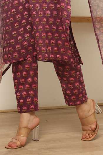 ASRUMO_Purple Cotton, Kota Doria Embroidery, Gulshan Handblock Print Kurta Pant Set_Online_at_Aza_Fashions