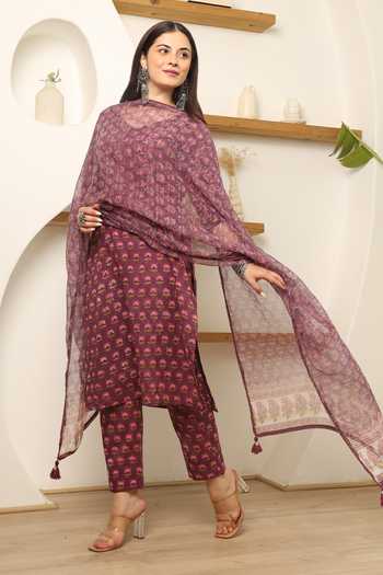 Buy_ASRUMO_Purple Cotton, Kota Doria Embroidery, Gulshan Handblock Print Kurta Pant Set_Online_at_Aza_Fashions