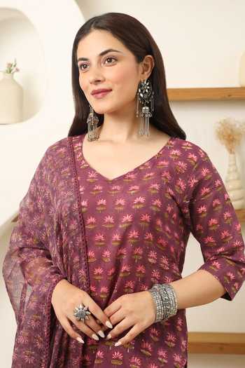 Shop_ASRUMO_Purple Cotton, Kota Doria Embroidery, Gulshan Handblock Print Kurta Pant Set_Online_at_Aza_Fashions