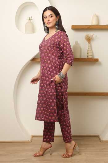 ASRUMO_Purple Cotton, Kota Doria Embroidery, Gulshan Handblock Print Kurta Pant Set_at_Aza_Fashions